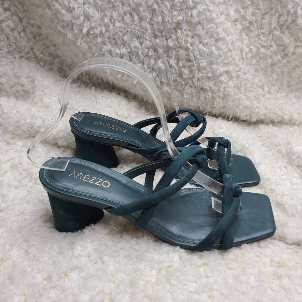 Arezzo Teal Blue Suede Leather Strappy Square Toe Low Heeled Slide Sandals sz 38